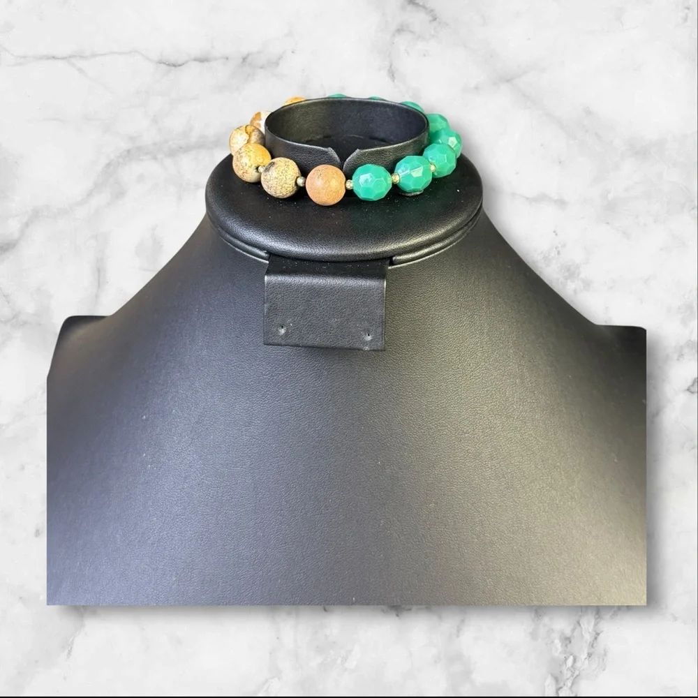 205. Teal‎ Beaded Bracelet with Pictured Jasper Stone Stretchable